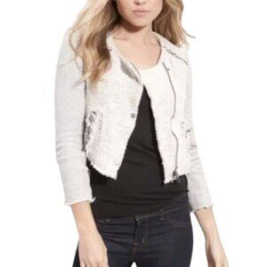 We The Free Tattered Tweed Button Front Cropped Raw Hem Moto Jacket Gray Cream 8